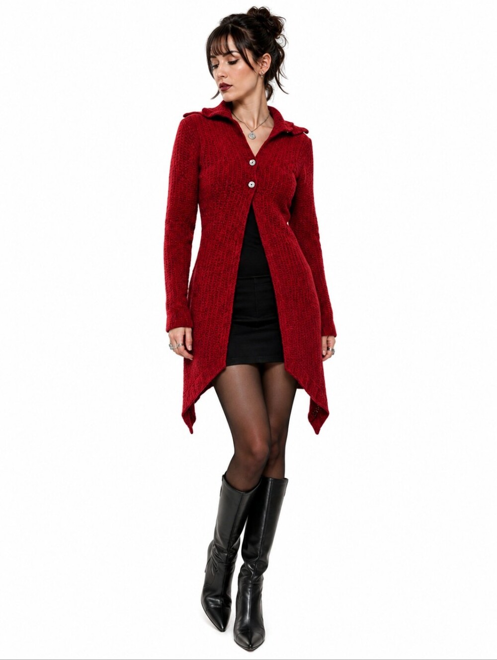 Mendocino Cardigan S Red Wool Blend Longline Textured Knit Button Front